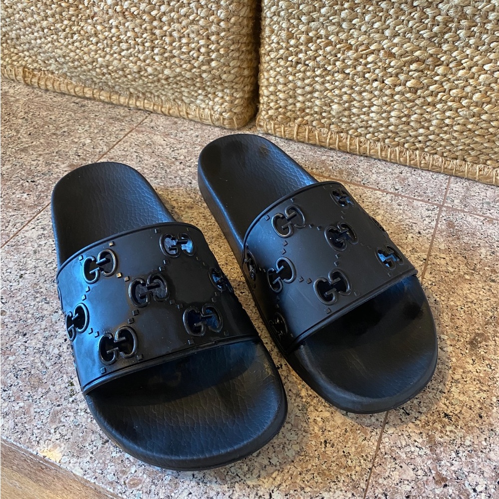 Gucci Black Embossed Slide Sandals